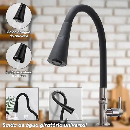Torneira Parede Cozinha Gourmet Preta Flexivel 2 Jatos 1/4 de Volta Para Mesa Pia Bancada e Mármore