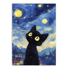 Placa Quadro Decorativo Gatinho Preto Noite Estrelada De Van Gogh Anime Decoração Quarto Sala