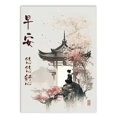 Placa Quadro Decorativo Japão Templo Na Montanha Nevoa Mulher Decoração Poster Quarto Sala
