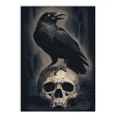 Placa Quadro Decorativo Corvo Caveira Ilustração Gotica Morte Decoração Poster Quarto Sala
