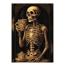 Placa Quadro Decorativo Engraçada Caveira Tomando Café Decoração Poster Quarto Sala