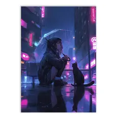Placa Quadro Decorativo Anime Garota Na Chuva Ilustração Cyberpunk Games
