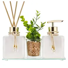 Kit Aromatizador Banheiro Dourado 250ml Bandeja Enfeite Vaso Decorativo Presente Casamento