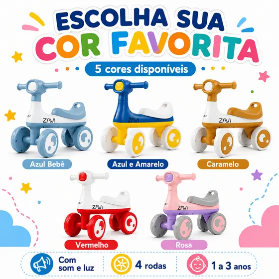 Bicicleta De Equilíbrio Infantil 4 Rodas Sem Pedal Com Luz E Som Bebê 1 a 3 Anos