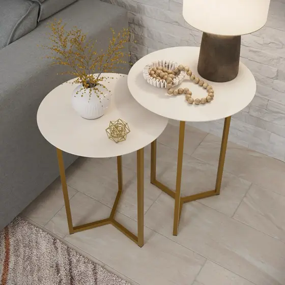 Conjunto de Mesa redonda Alice Dourado em aço e tampo Mdf