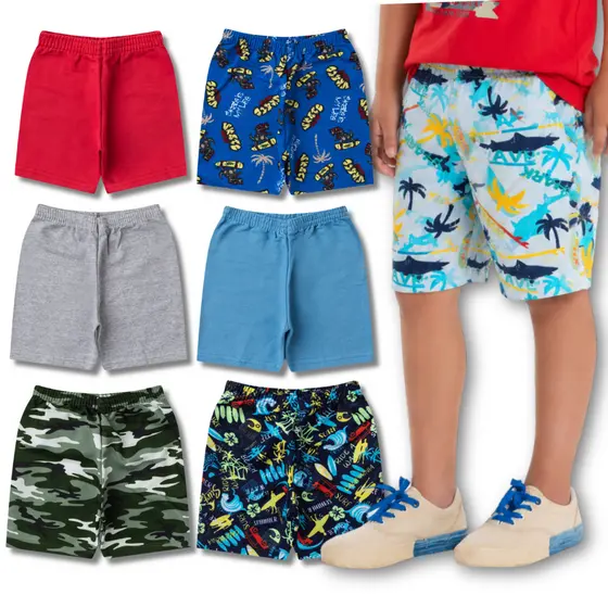 Kit 5 Peças Bermudas Para Meninos C/ Cores e Estampas Sortidas Infantil Masculino Tamanho 1 ao 14