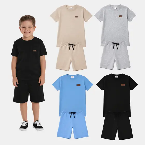 Kit 10 Peças Infantil Juvenil Menino Verão Liso Monocromático Premium 5 Camisetas 5 Bermudas 1 Ao 14