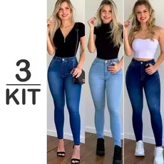 Kit de 3 Calças Jeans Feminina Com Elastano Skinny Levanta Bumbum Cintura Alta TGDE MODAS