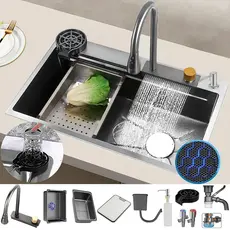 kit Cuba Cascata Gourmet Premium 75*45 *22CM Com Torneira Flexível Cinza e 316 inx Tabela de corte