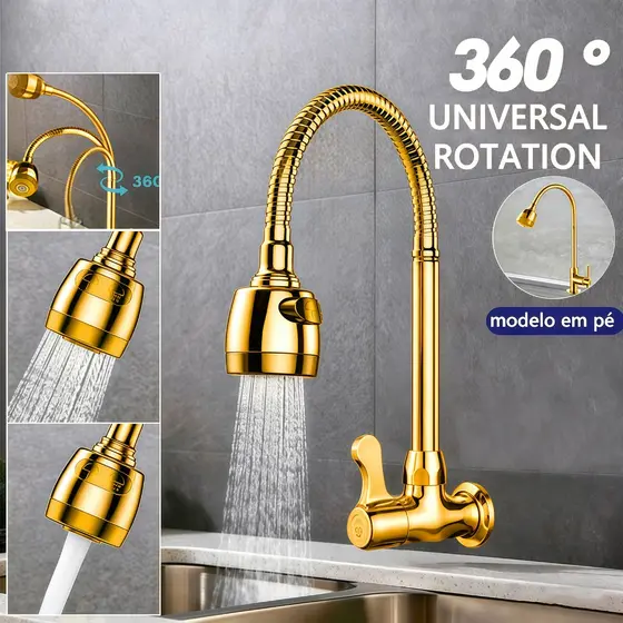 Inox dourado maciça Torneira  1/4 de volta com chuveiro com rotação de 360° Cozinha Luxo Parede