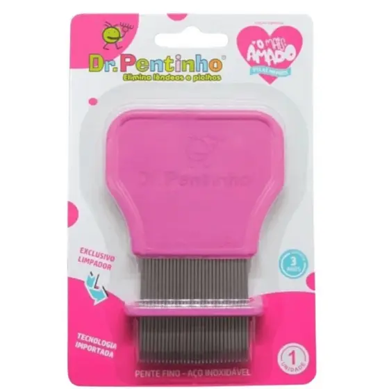 Pente Fino Aço Inox Rosa Piolhos e Lêndeas - Dr. Pentinho