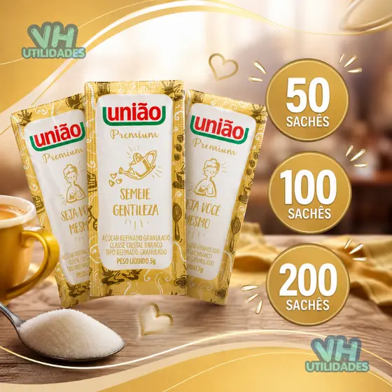 Açúcar em Sachê Premium União 5g - com 100 Unid. com 200 Unid. Café Comercio Economico