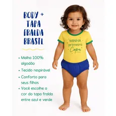 Conjunto Body Brasil Manga Curta + Tapa Fralda Bebê Gola Envelope Menino Menina 0 a 18 meses