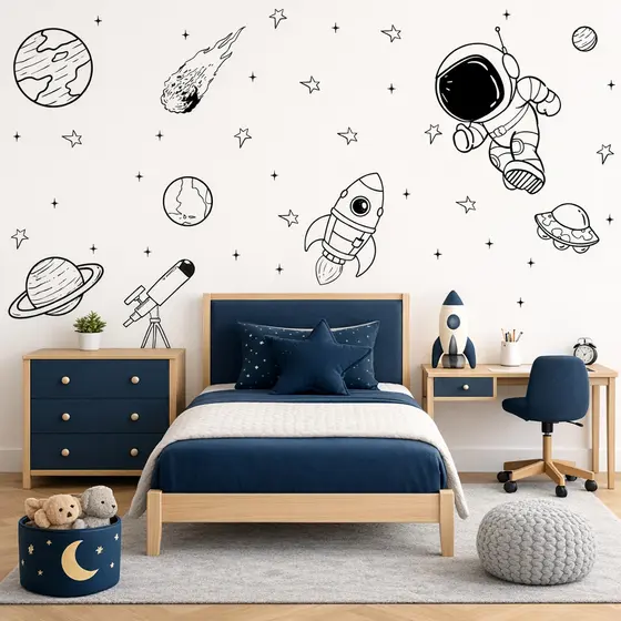 🚀 Adesivo de Parede Infantil Personalizado | Universo, Astronauta, Foguete, Planetas e Estrelas 🌙