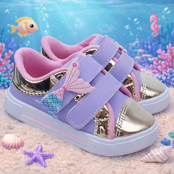 Tênis Infantil Menina Confortável com Velcro Calce Fácil Sereia Coração Preto Rosa Lilás Promoção