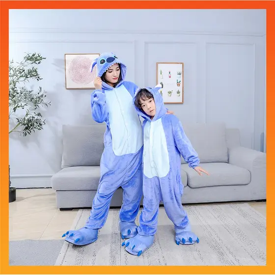 Kigurumi Blue Stitch Cartoon Flanela Pijamas Mulher Homem Roupa De Dormir Onesies Jumpsuits Animal Cosplay