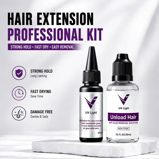 Conjunto de extensão de cabelo com luz V Equipamento de extensão de cabelo Conjunto de luz UV, adesivo e removedor