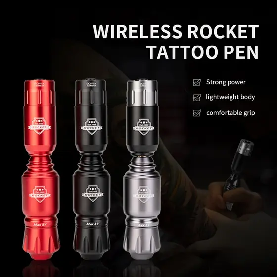 Mini Conjunto Completo De Máquina De Tatuagem Rotativa Sem Fio Rocket , Caneta Com Interface RCA E Fonte De Alimentação