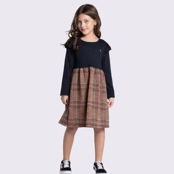 Vestido Infantil Jacquard Xadrez com Babadinhos