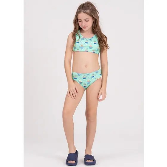 Conjunto Infantil Cropped UV 50+ Corações Verde