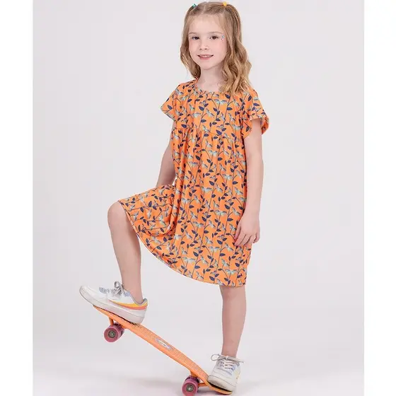 Vestido Infantil Poliplex Evasê Margaridas Laranja