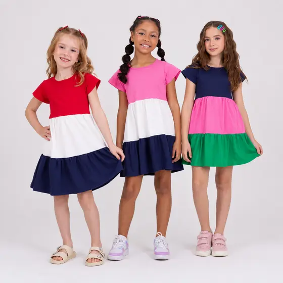 Vestido Infantil Evasê Camadas Bordado