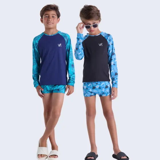 Conjunto Moda Praia UV50+ Masculino Infantil Folhagens