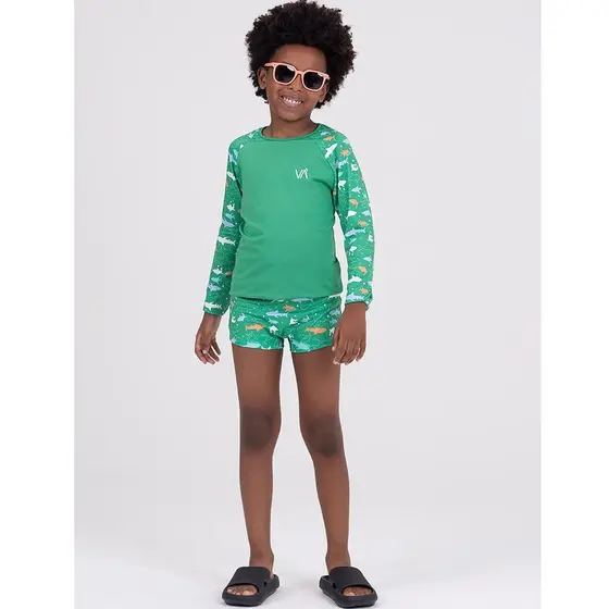 Conjunto Infantil Manga Longa UV 50+ Tubarão Verde
