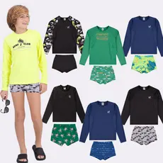 Kit Sortido 6 Peças de Roupas Infantis Menino Moda Praia- 3 Camisas + 3 Sungas