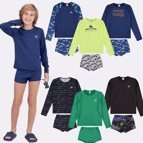 Kit Sortido 4 Peças de Roupas Infantis Menino Moda Praia- 2 Camisas + 2 Sungas