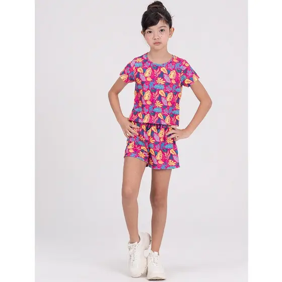Conjunto Infantil Cropped Folhagens Pink
