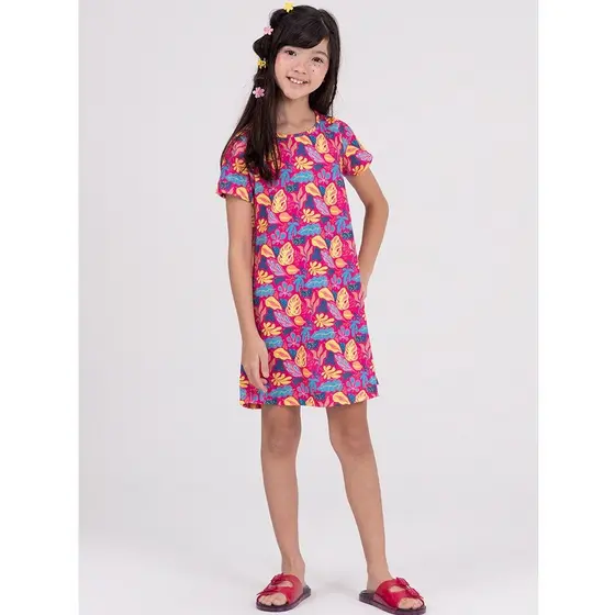 Vestido Infantil Sublimado Folhagens Rosa