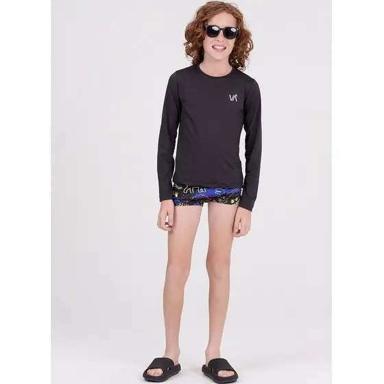 Conjunto Infantil Manga Longa UV 50+ Liso Preto