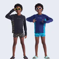Conjunto Moda Praia UV50+ Infantil Azul e Preto Tamanho 2 ao 14