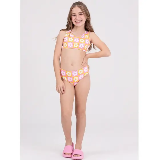 Conjunto Infantil Cropped UV 50+ Corações Amarelo