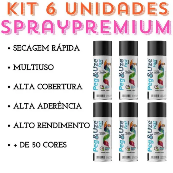 6 ou 3 Unidades Tinta Spray Premium 300ml Uso Geral Multiuso Secagem Rápida Uso Interno/Externo