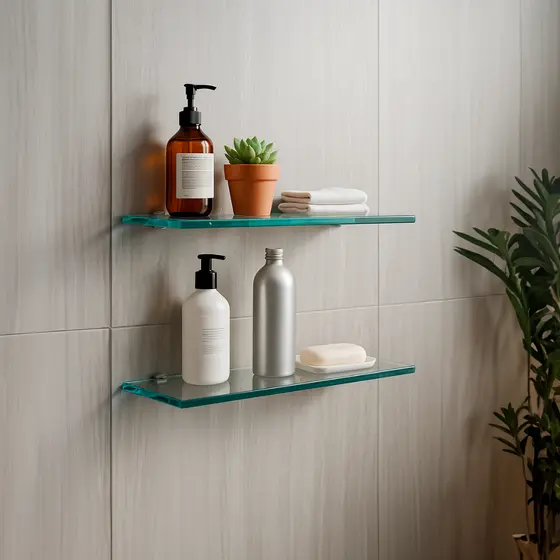 Prateleiras 40x10 cm Porta Shampoo e Condimentos em Vidro Incolor 6mm com suporte em Metal