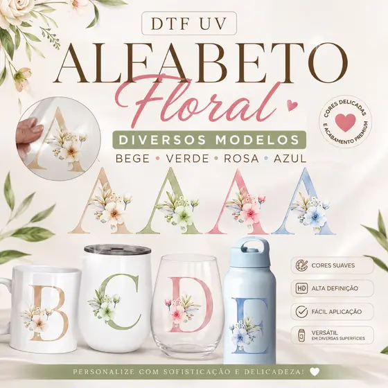 Adesivos DTF UV Alfabeto Floral Delicado | Letras A a Z | Adesivo Premium Alto Relevo para Personalizações em geral.