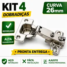 Kit 4 Dobradiça 26mm Curva Armário Porta Móveis Cozinha Guarda Roupa