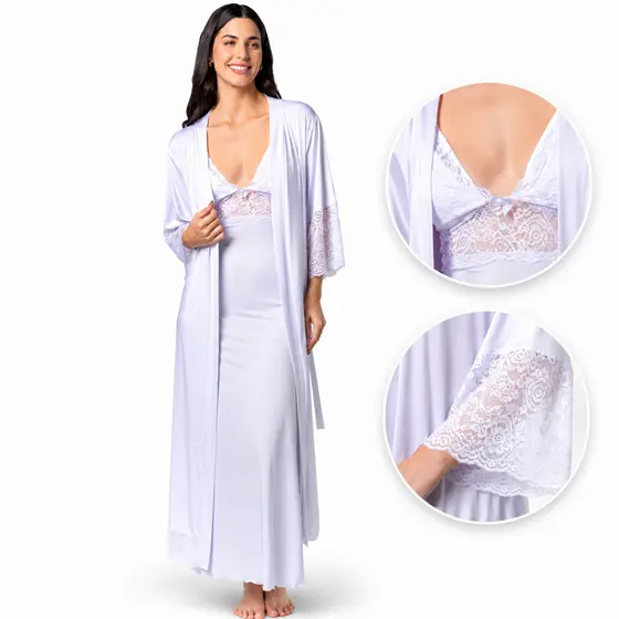 Kit Robe Longo Roupão Camisola Amamentação Longa Maternidade Luxo Pós Parto Gestante