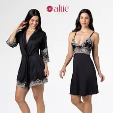 Kit Robe Curto Bicolor Luxo + Camisola Curta Bicolor em Renda – Conjunto Feminino Elegante e Confortável