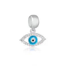 Berloque Charm Olho Grego Prata 925 Zircônias, Esmaltado Branco Azul e Preto Proteção para Pulseiras