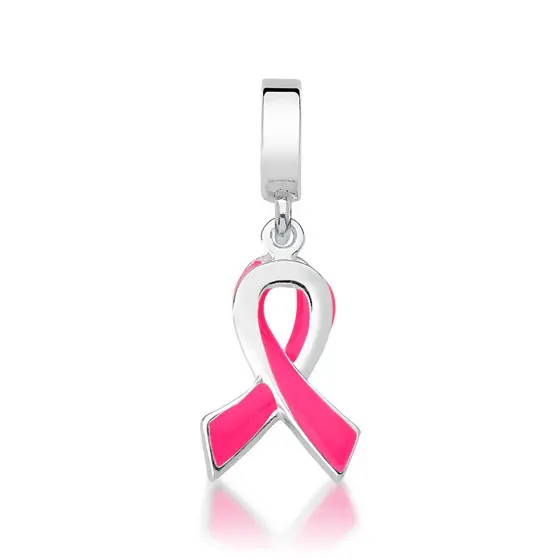 Berloque Prata 925 Laço Rosa Esmaltado Símbolo da Cura e Conscientização Outubro Rosa