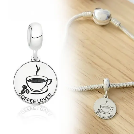 Berloque Plaquinha Café Pingente em Prata Legítima 925 Presente Compatível Com Todas As Pulseiras