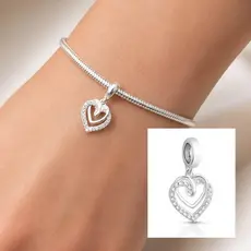 Berloque Pingente Charm de Dois Corações Cravejado com Zircônia Pulseira para Presentear a Namorada