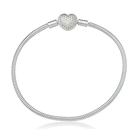 Pulseira Prata Fecho Coração Cravejado Zircônias Compatível Com Todos Os Berloques Premium