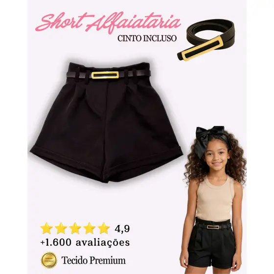Short Alfaiataria Infantil e Juvenil Bermuda Feminino Cinto Removível | Menina Tamanho 4 ao 16