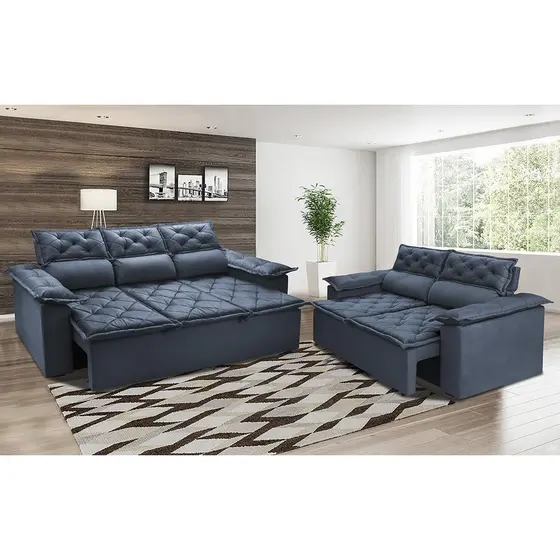 Conjunto de Sofá 3 e 2 Lugares Retrátil e Reclinável Cama inBox Compact 2,00x1,50m Velusoft Azul
