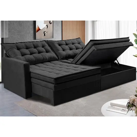 Sofá Sem Caixa Retrátil Baú 1,60m Cama inBox Secret Suede Velusoft Preto