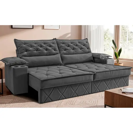 Sofá Retrátil e Reclinável 2,10m com Porta Copos e Molas Cosmos. Velusoft Cama inBox